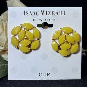 NWT Isaac Mizrahi Gold Tone Yellow Pebble Button Clip On Earrings 1" Statement